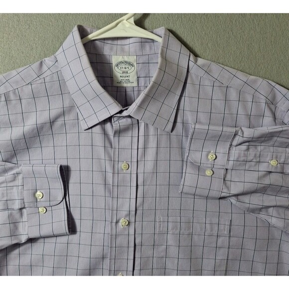 Brooks Brothers Dress Shirt Mens 17 34/35 Regent Fit Purple Graph Plaid - Picture 1 of 6